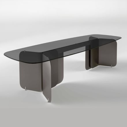 Table with shaped glass top and curved metal base - Piacere Viadurini