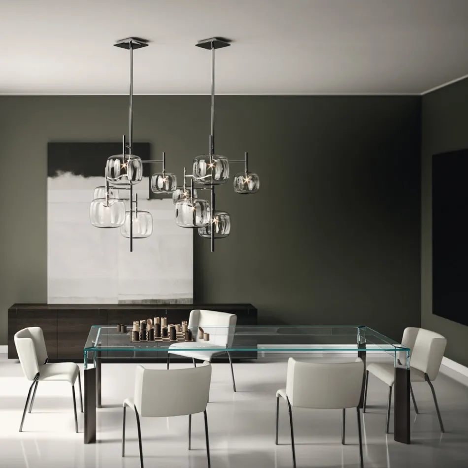 Kitchen Table in Extra-clear Glass with Wooden Legs Made in Italy - Super Viadurini