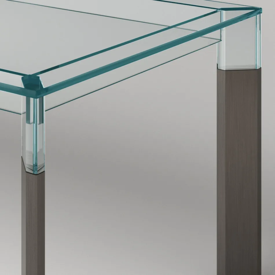 Kitchen Table in Extra-clear Glass with Wooden Legs Made in Italy - Super Viadurini