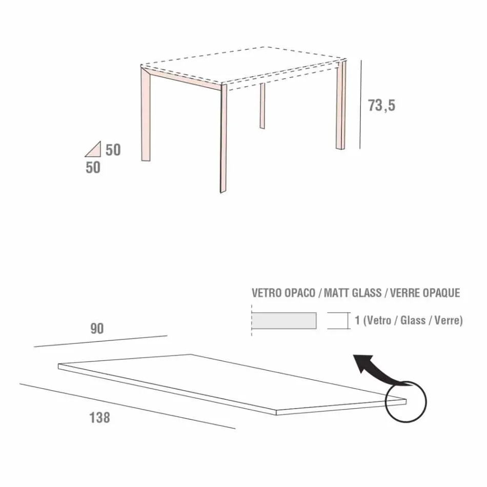 Kitchen Table in Matt Glass with Metal Structure Made in Italy - Brooch Viadurini