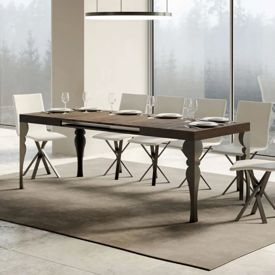 Extendable Kitchen Table in Anthracite Wood and Iron Made in Italy - Sassone Viadurini