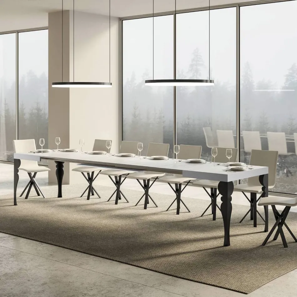 Extendable Kitchen Table in Anthracite Wood and Iron Made in Italy - Sassone Viadurini