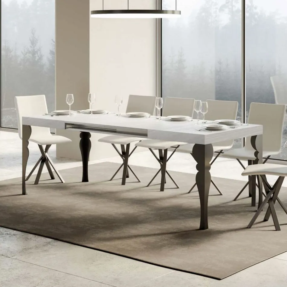 Extendable Kitchen Table in Anthracite Wood and Iron Made in Italy - Sassone Viadurini