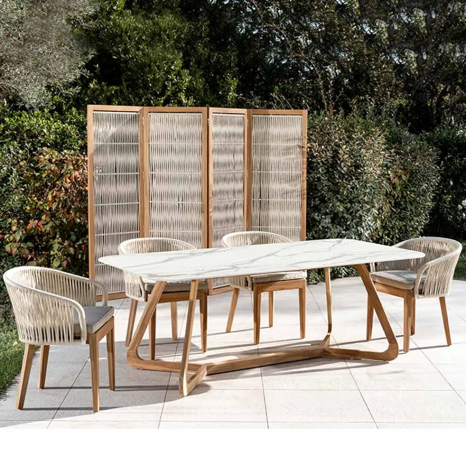 Outdoor Table with Wooden Base and Calacatta Oro Ceramic Top - Infinity Viadurini
