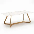 Outdoor Table with Wooden Base and Calacatta Oro Ceramic Top - Infinity Viadurini
