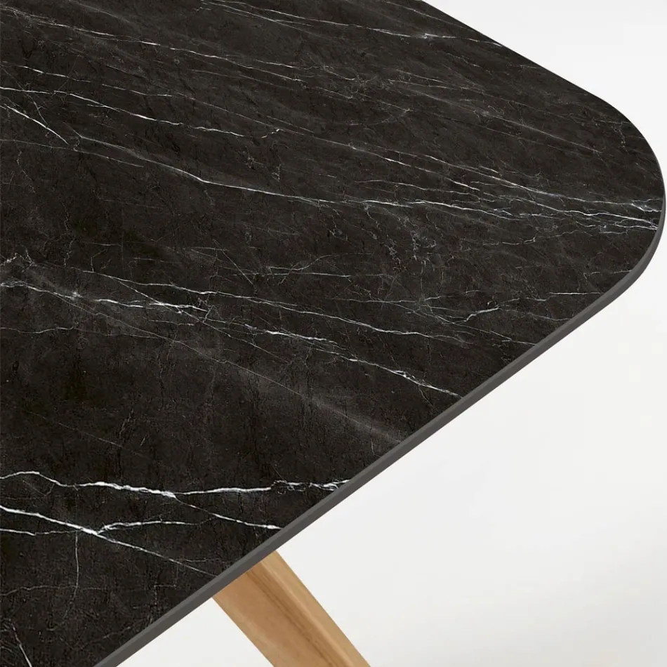 Outdoor Table with Wooden Base and Black Marquinia Ceramic Top - Infinity Viadurini