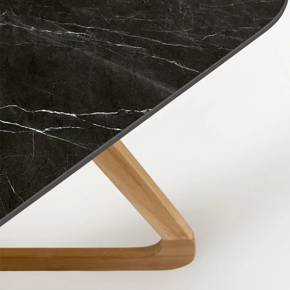 Outdoor Table with Wooden Base and Black Marquinia Ceramic Top - Infinity Viadurini
