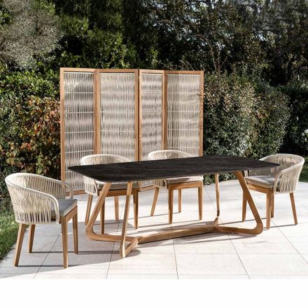 Outdoor Table with Wooden Base and Black Marquinia Ceramic Top - Infinity Viadurini