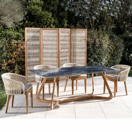 Outdoor Table with Wooden Base and Ocean Blue Ceramic Top - Infinity Viadurini