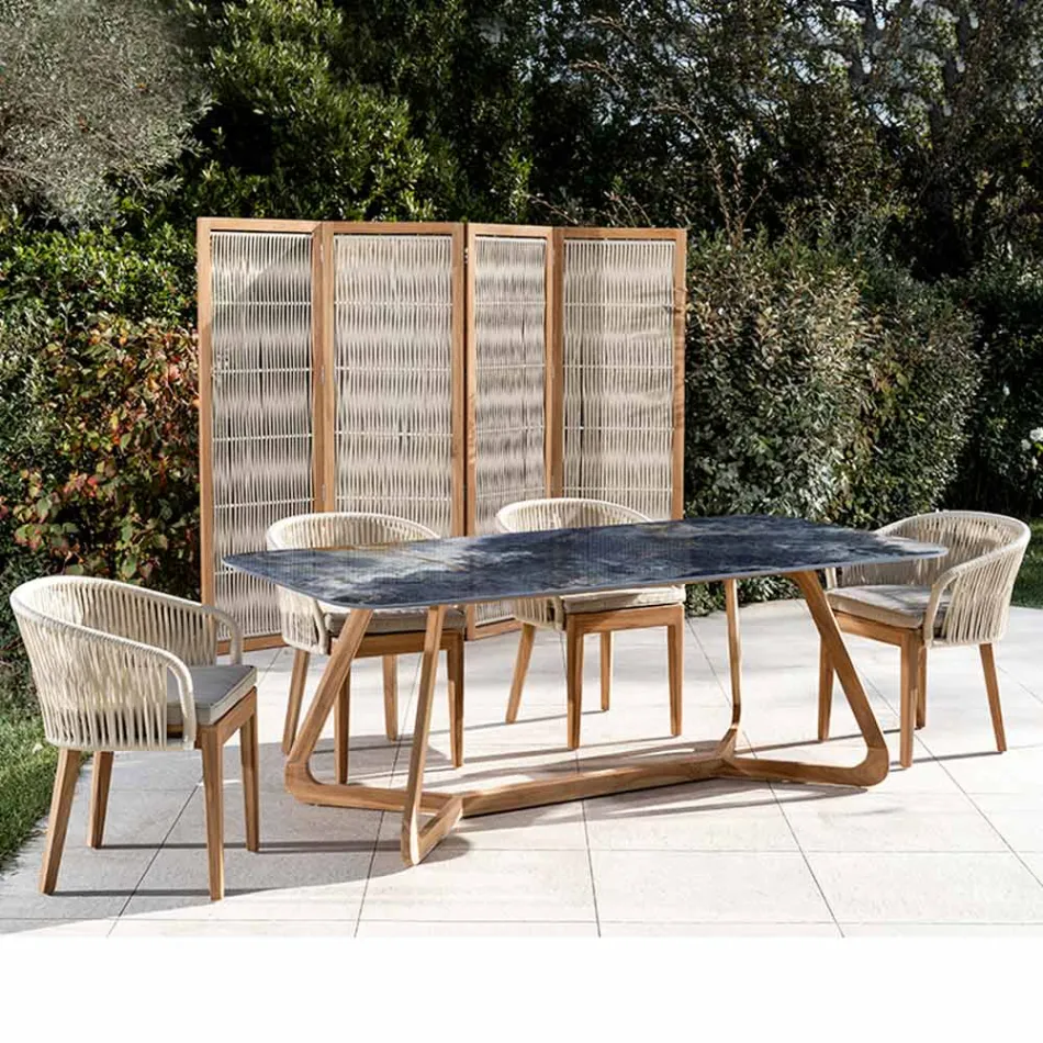 Outdoor Table with Wooden Base and Ocean Blue Ceramic Top - Infinity Viadurini