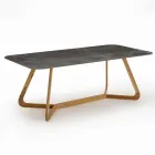 Outdoor Table with Wooden Base and Grey Stone Ceramic Top - Infinity Viadurini