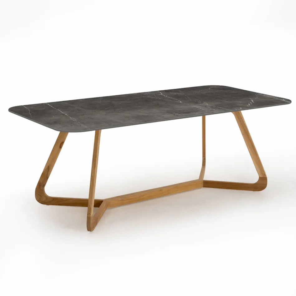 Outdoor Table with Wooden Base and Grey Stone Ceramic Top - Infinity Viadurini