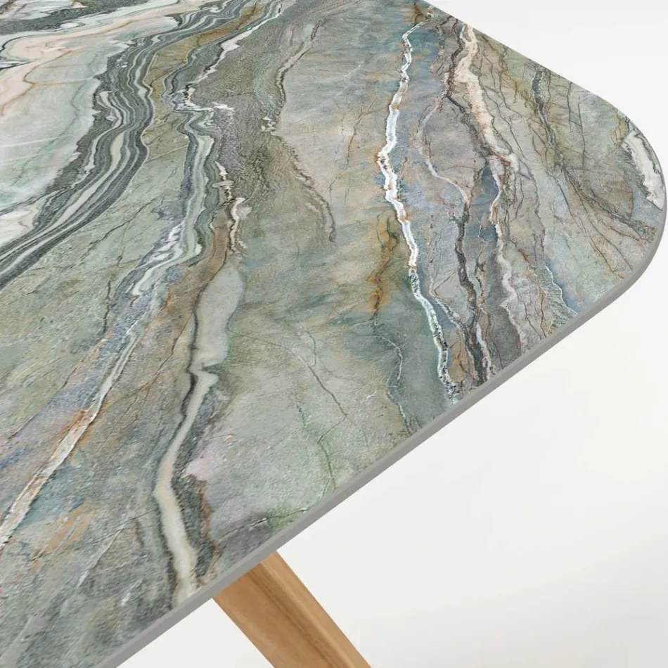 Outdoor Table with Wooden Base and Royal Peacock Ceramic Top - Infinity Viadurini