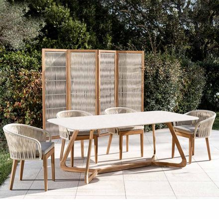 Outdoor Table with Wooden Base and Terrazzo White Ceramic Top - Infinity Viadurini