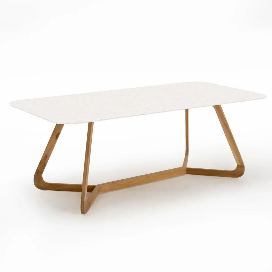 Outdoor Table with Wooden Base and Terrazzo White Ceramic Top - Infinity Viadurini