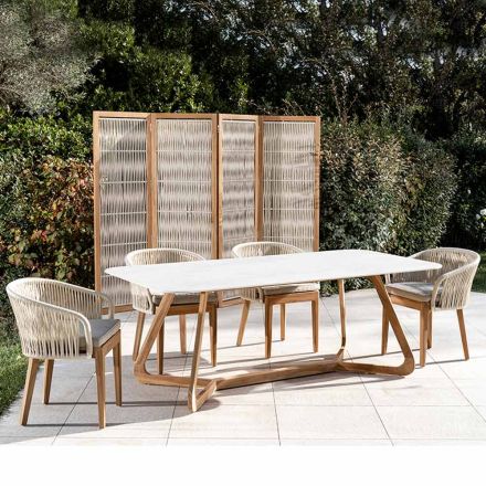 Outdoor Table with Wooden Base and Total White Ceramic Top - Infinity Viadurini