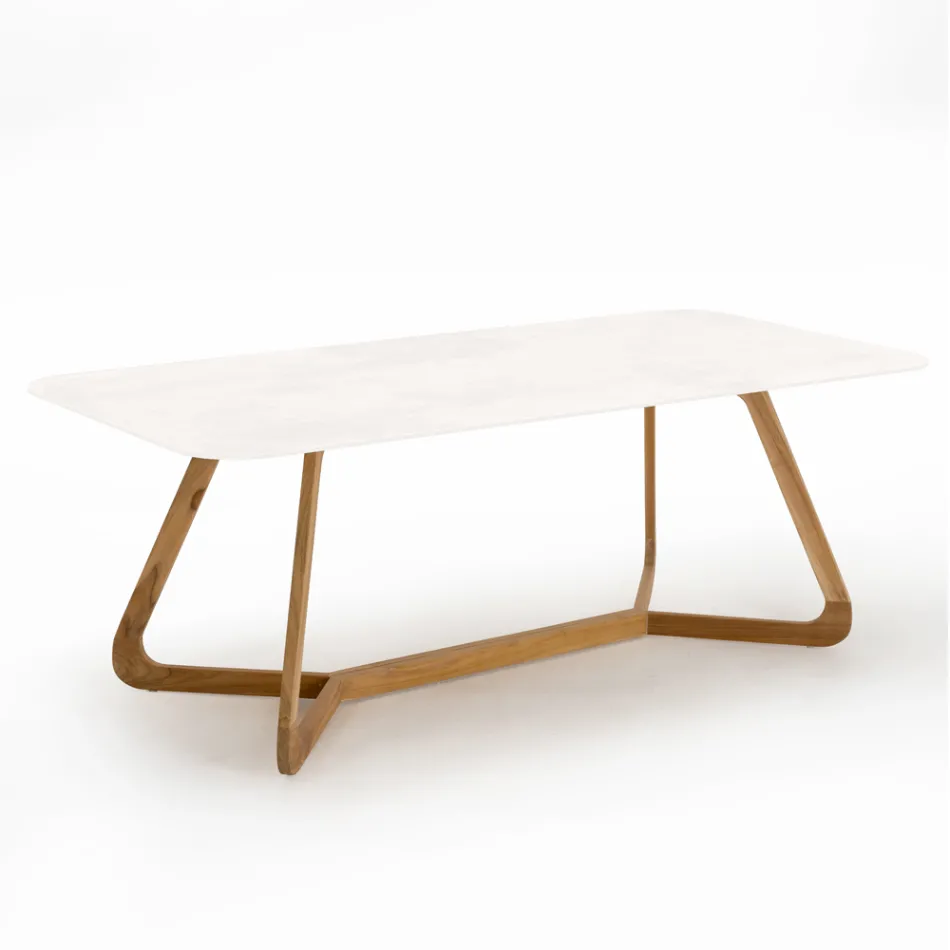 Outdoor Table with Wooden Base and Total White Ceramic Top - Infinity Viadurini