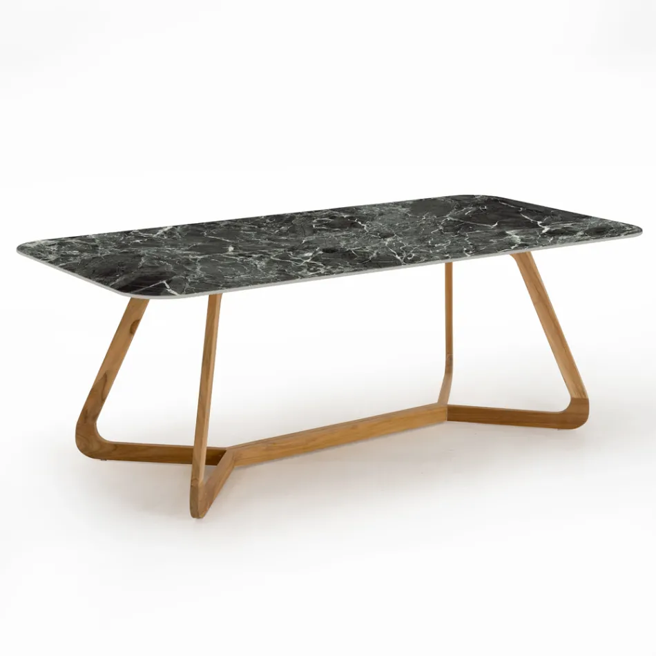 Outdoor Table with Wooden Base and Green Ceramic Top France - Infinity Viadurini