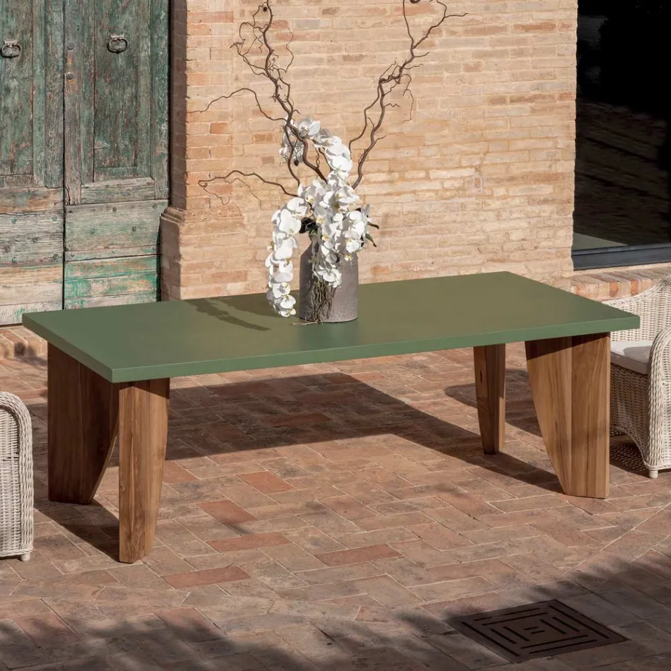 Outdoor Table in Okumè Microcement and Teak Finish Made in Italy - Pencil Viadurini