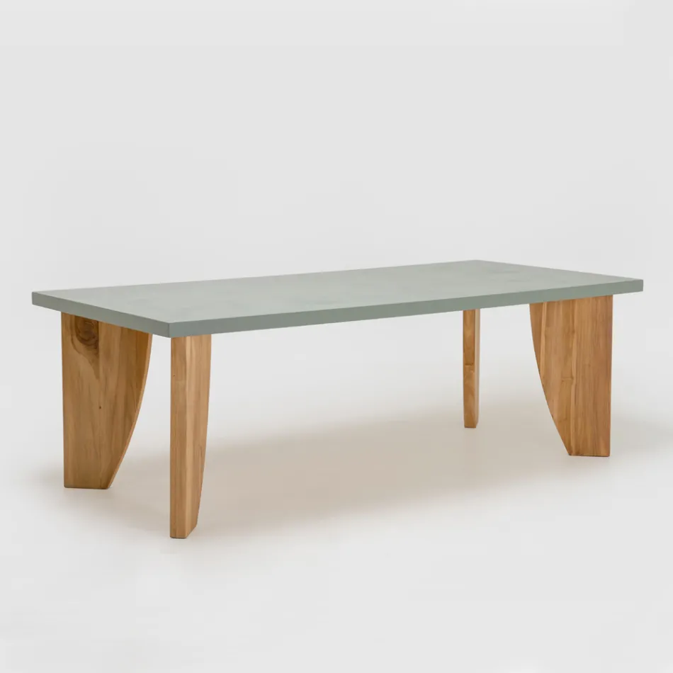 Outdoor Table in Okumè Microcement and Teak Finish Made in Italy - Pencil Viadurini