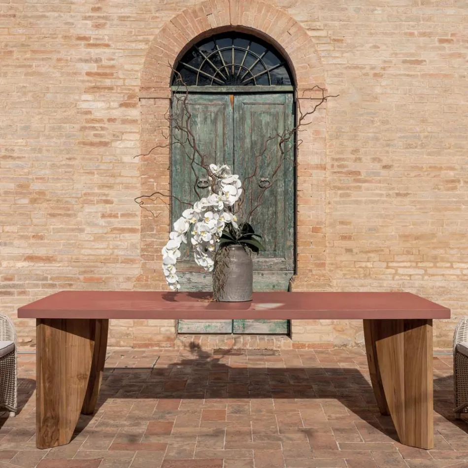 Outdoor Table in Okumè Microcement and Teak Finish Made in Italy - Pencil Viadurini