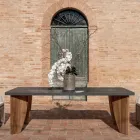 Outdoor Table in Okumè Microcement and Teak Finish Made in Italy - Pencil Viadurini