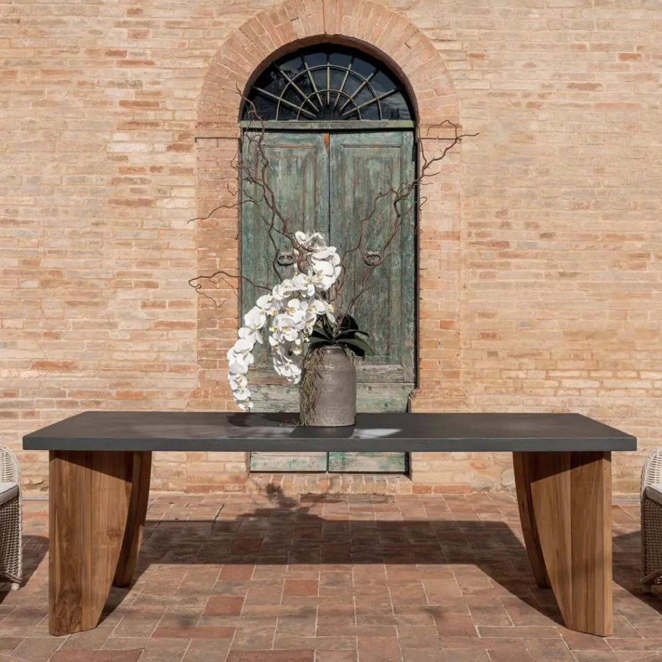 Outdoor Table in Okumè Microcement and Teak Finish Made in Italy - Pencil Viadurini