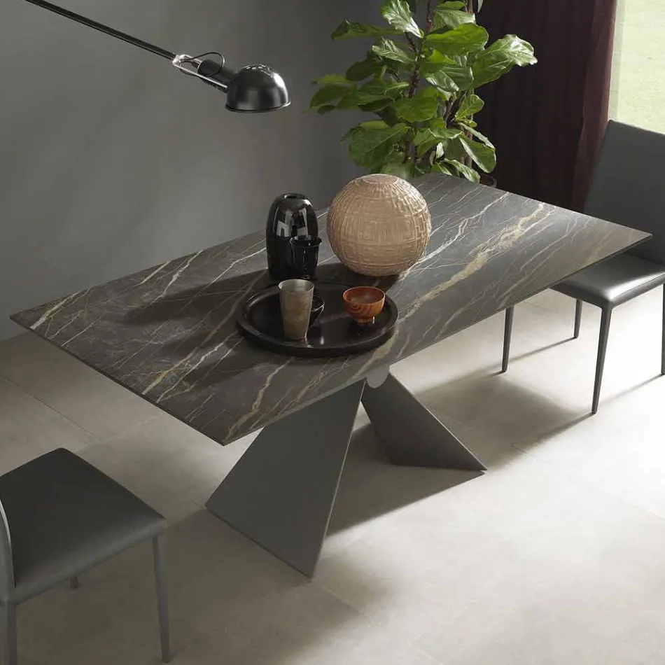 Extendable Dining Table to 298 cm in Metal and Ceramic Top - Anaconda Viadurini