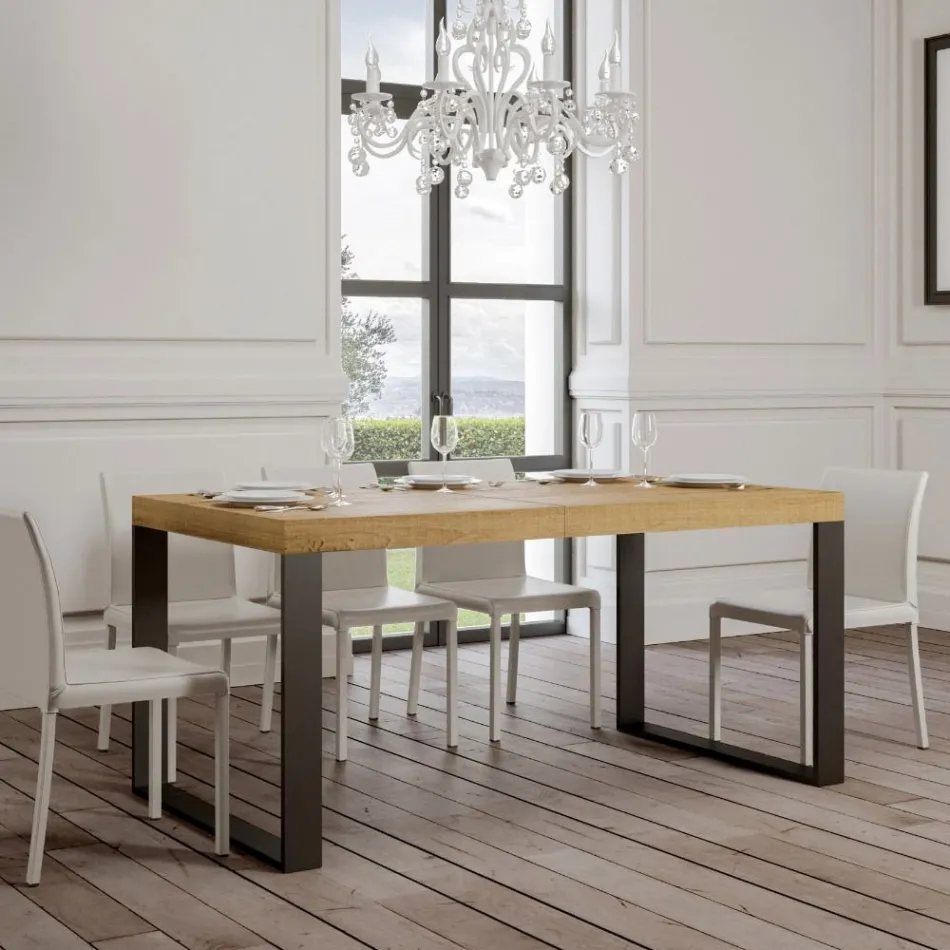 Extendable Dining Table in Melamine Wood and Iron Made in Italy - Badesi Viadurini