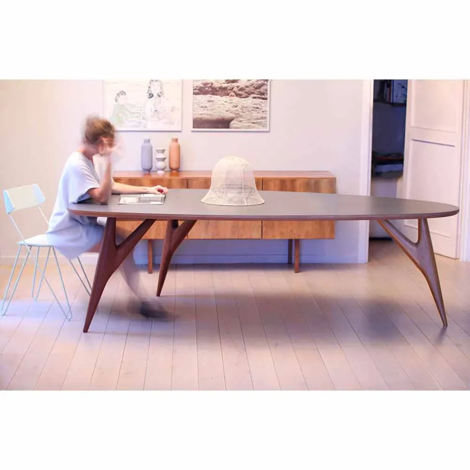 Handcrafted Dining Table in Hpl and Solid Mahogany Made in Italy - Oak Viadurini