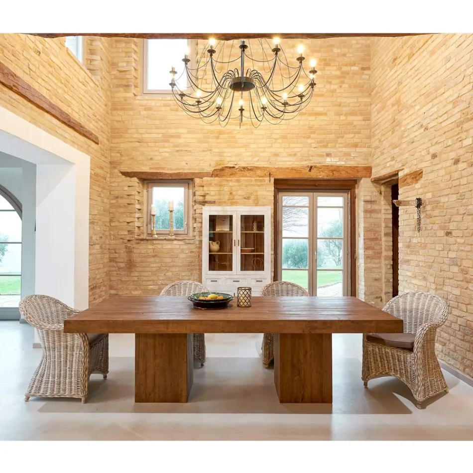 Dining Table with Double Base and 4 Rattan Chairs - Slide Viadurini