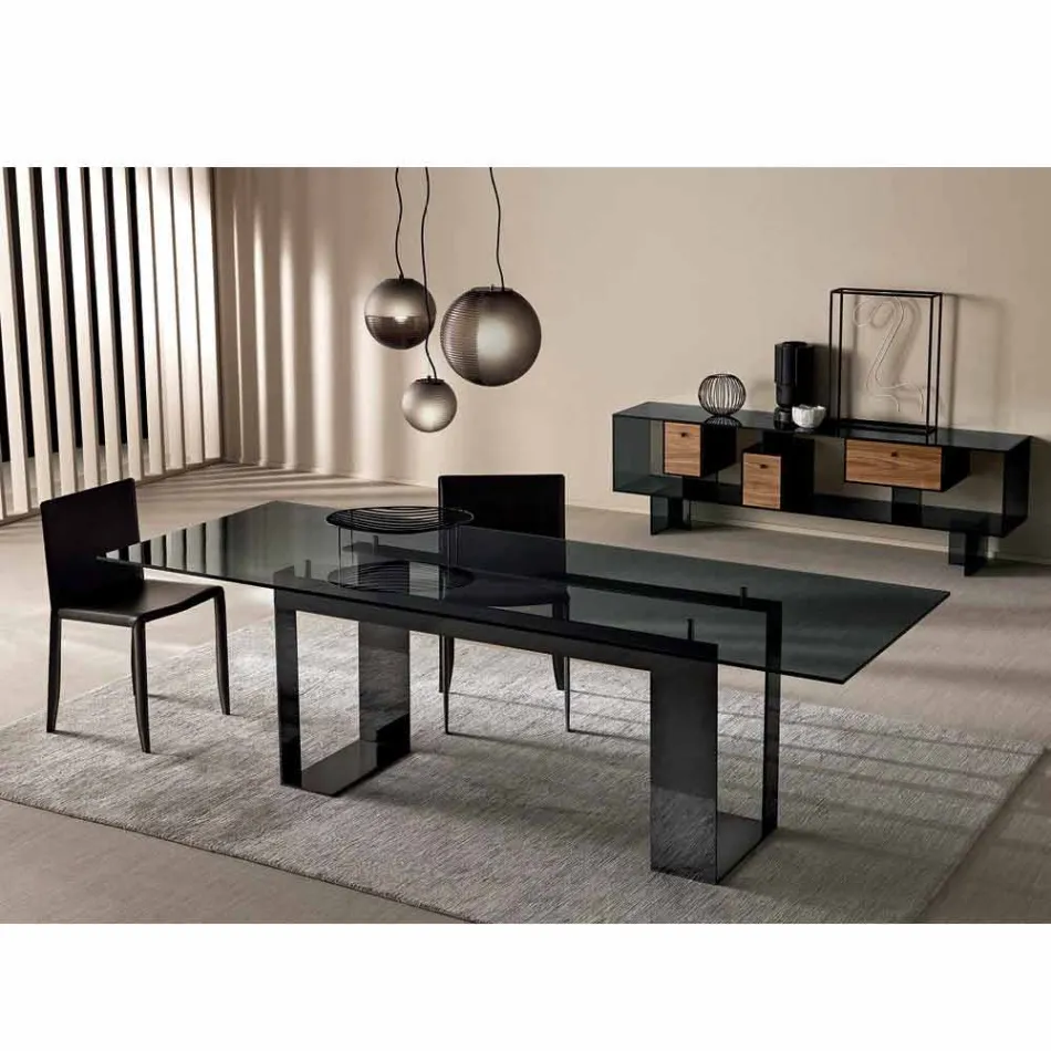 Dining Table with Smoked Glass Top and Metal Base 4 Dimensions - Speck Viadurini