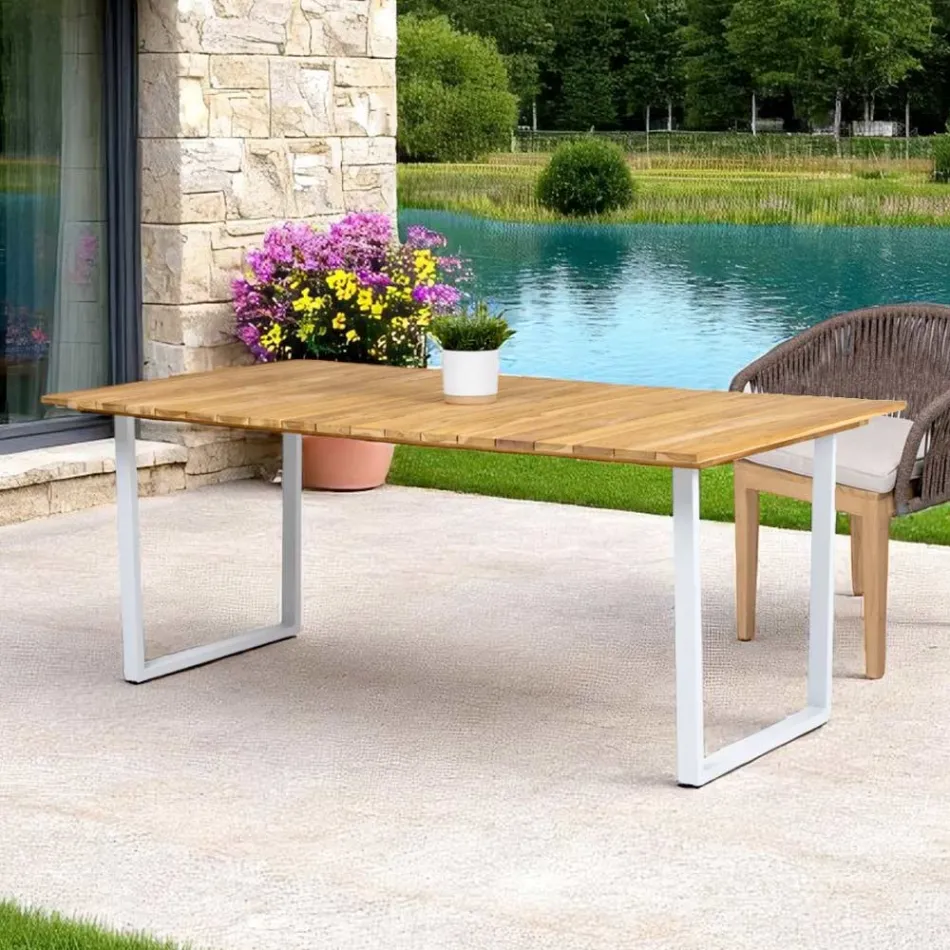 Outdoor Dining Table with Brushed Natural Teak Top - Mistral Viadurini