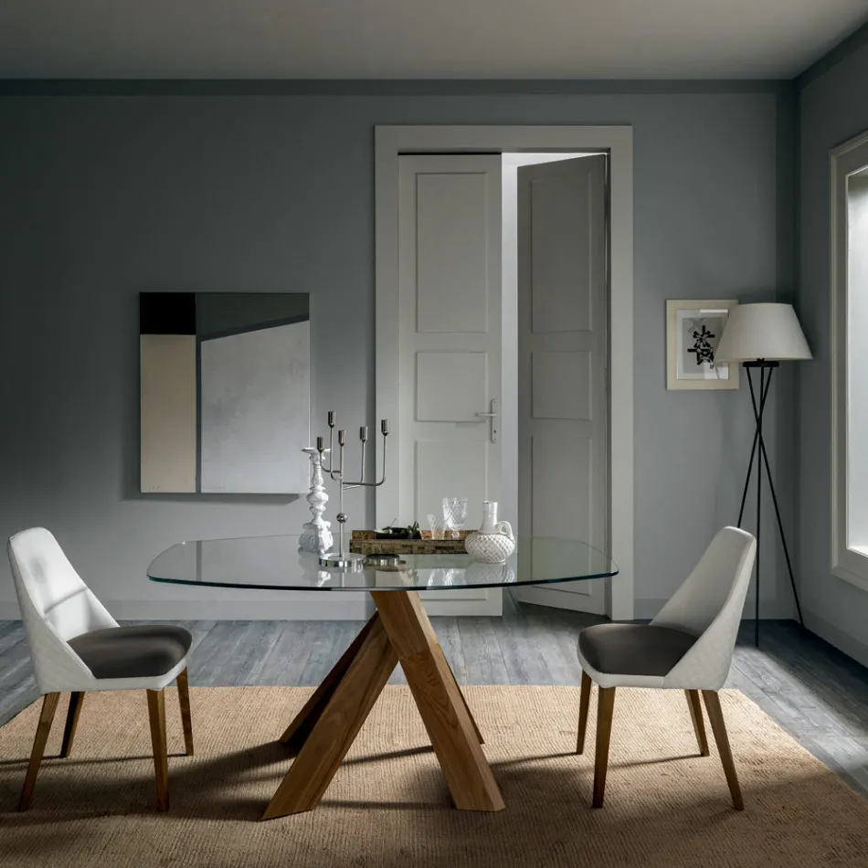 Lounge Dining Table Glass Top and Wooden Legs - Botanical Viadurini