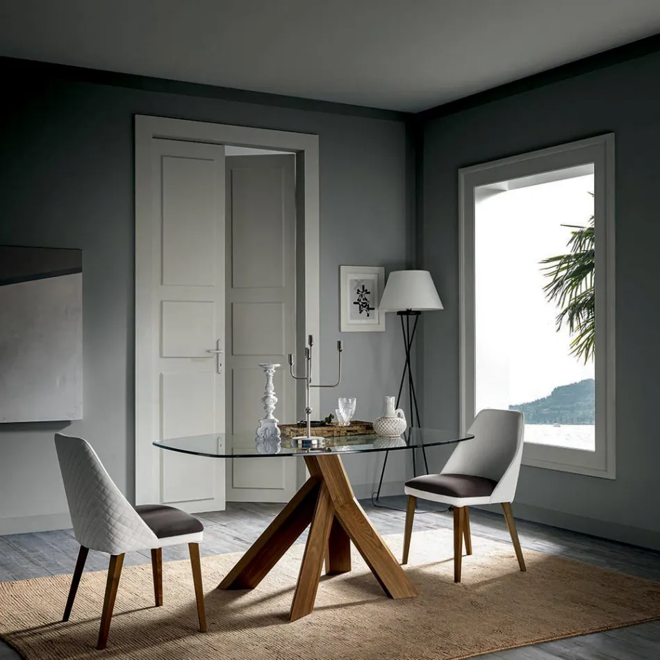 Lounge Dining Table Glass Top and Wooden Legs - Botanical Viadurini