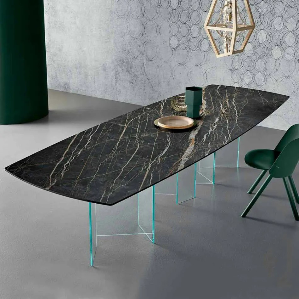 Ceramic Dining Table and Extralight Glass Base Made in Italy - Random Viadurini