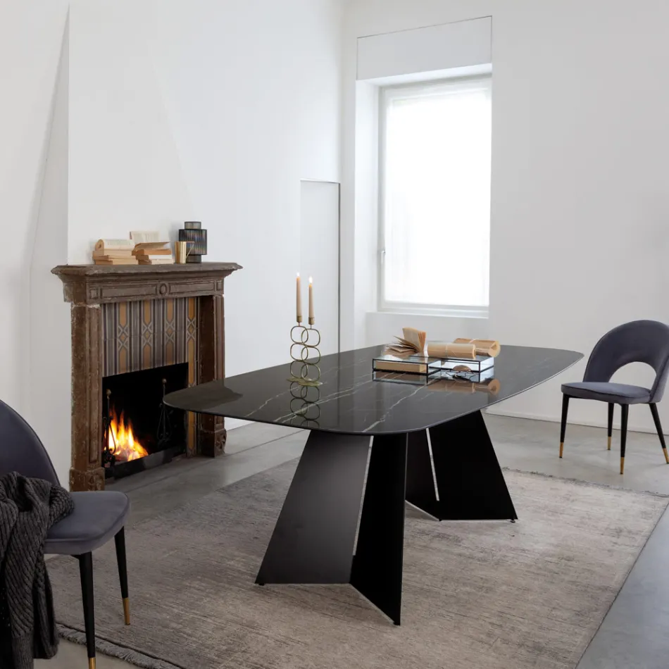 Dining Table in Florim Thunder Night Polished Ceramic and Steel - Medunotav Viadurini