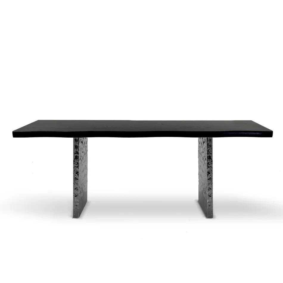 Dining Table in Veneer and Hammered Steel Made in Italy - Strappo Viadurini