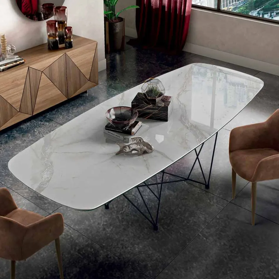 Dining Table in Hypermarble and Steel Made in Italy, High Quality - Ezzellino Viadurini