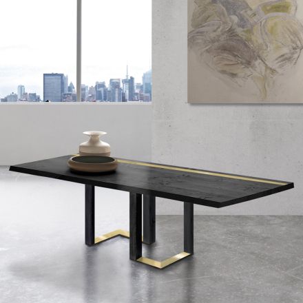 Dining Table in Knotted Oak and Metal Elements Made in Italy - Giusy Viadurini