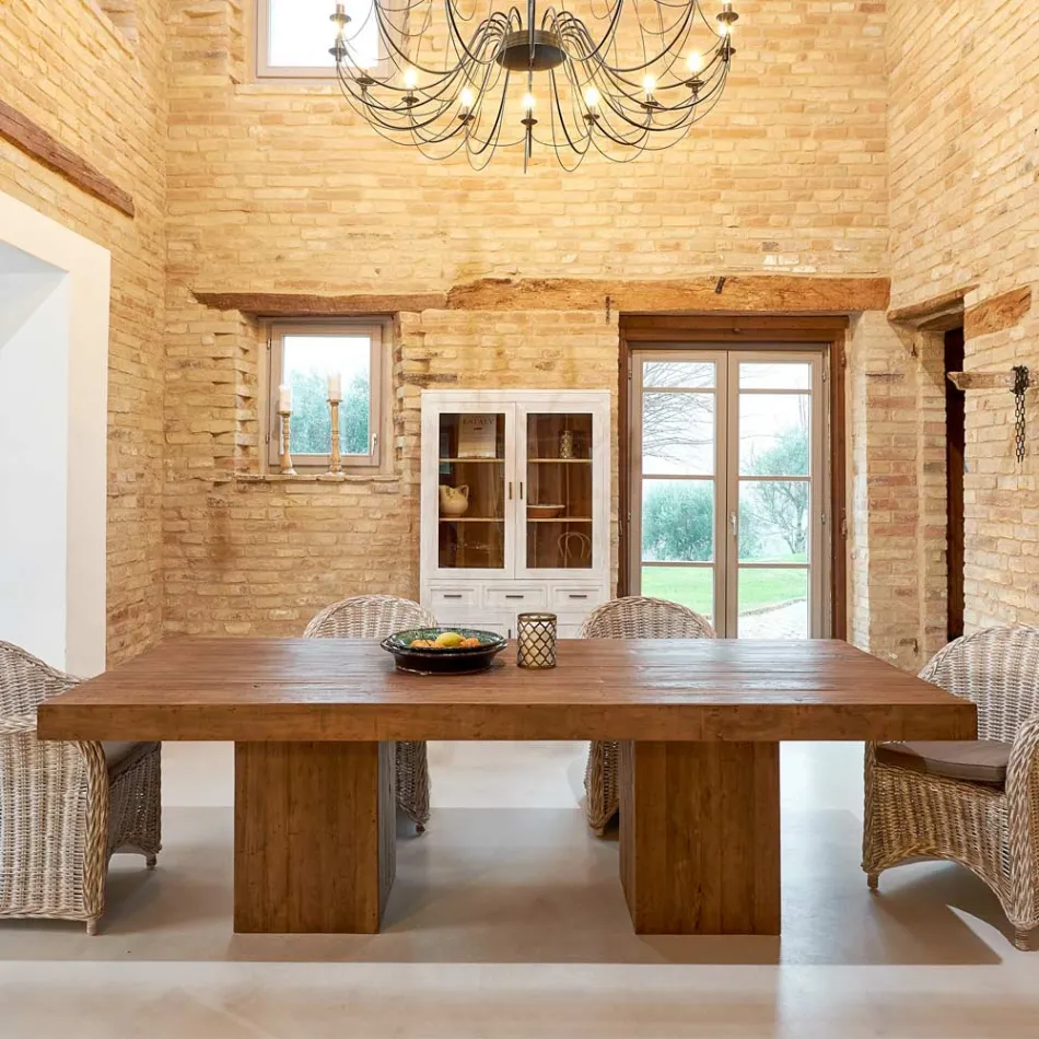 Dining Table in Recycled Tropical Wood with Double Base - Slide Viadurini