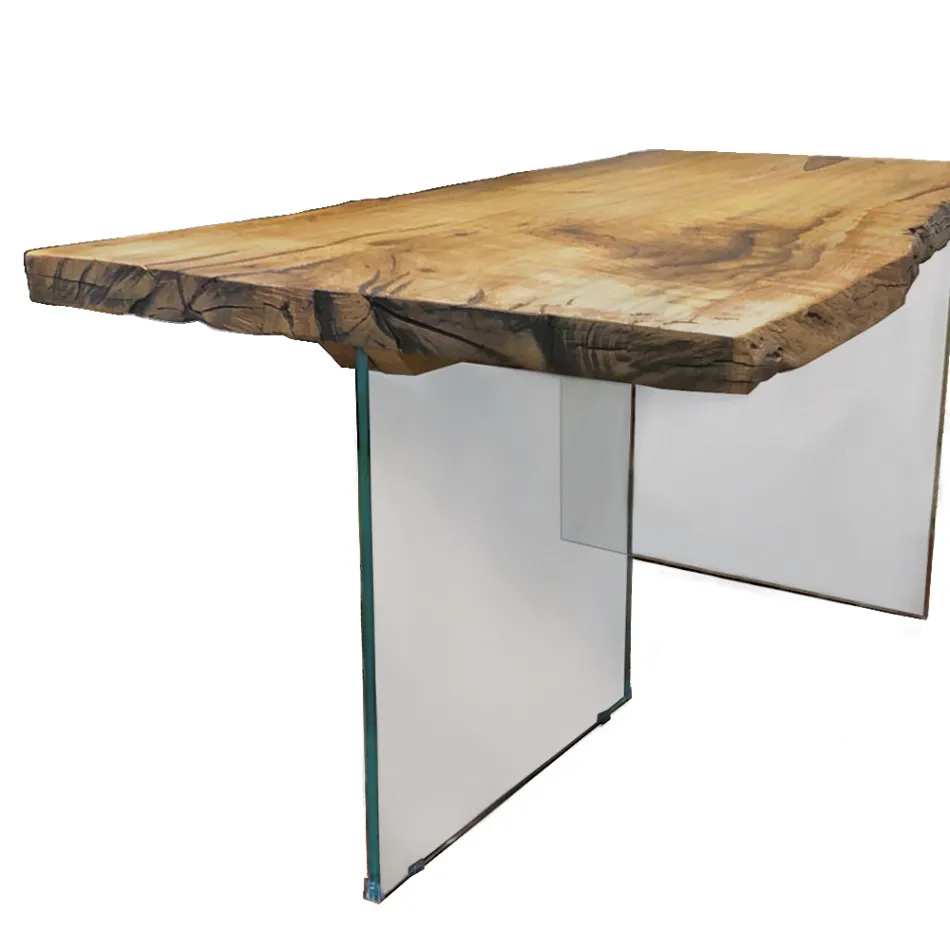 Dining Table in Secular Oak and Crystal Base Made in Italy - Dite Viadurini