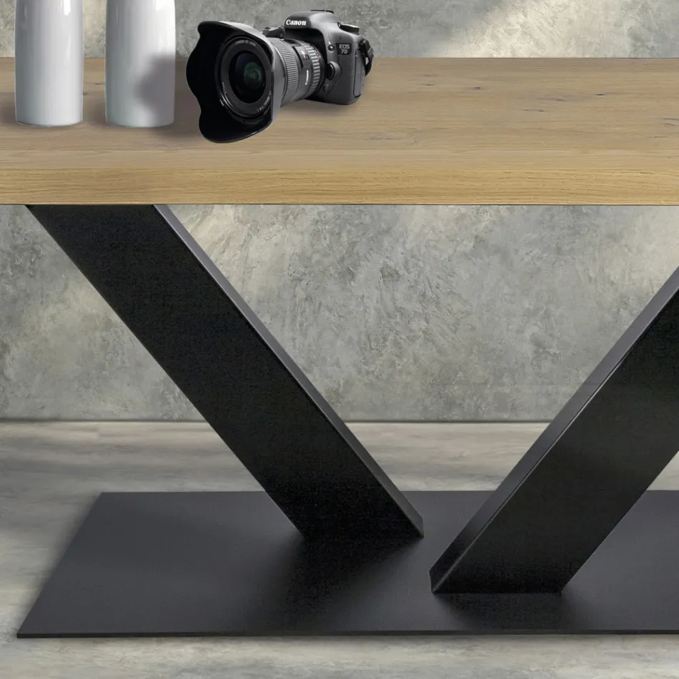 Dining Table in Masellato Plated Oak and Metal Made in Italy - Riad Viadurini