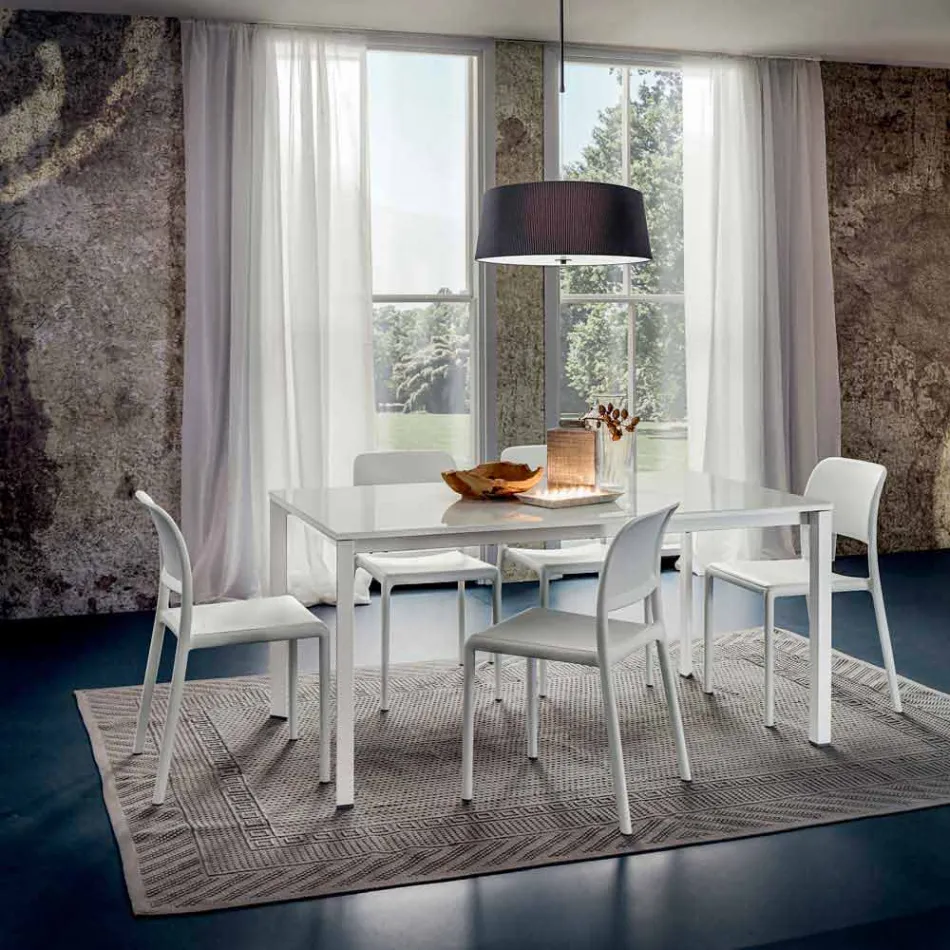 Dining Table in White Glass and Painted Metal Made in Italy - Brooch Viadurini