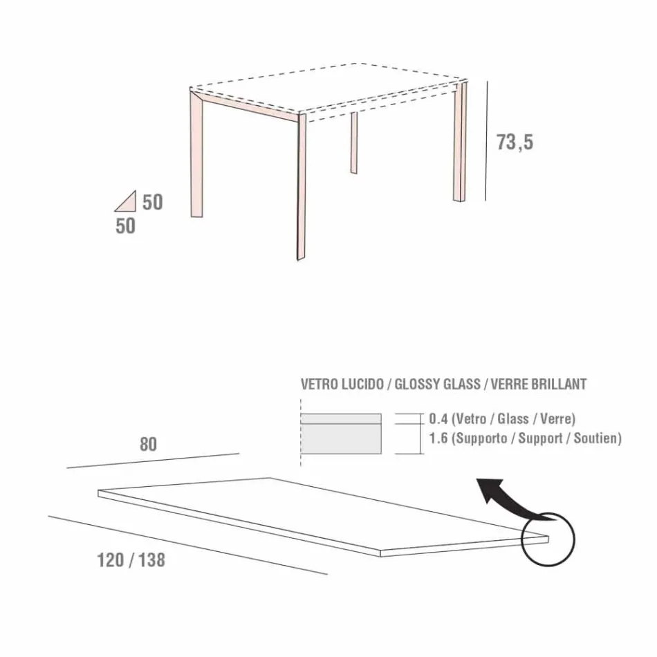 Dining Table in White Glass and Painted Metal Made in Italy - Brooch Viadurini