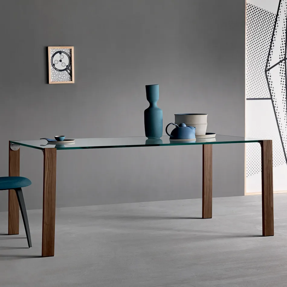 Dining Table in Glass and Legs in Oak or Canaletto Walnut - Aschio Viadurini