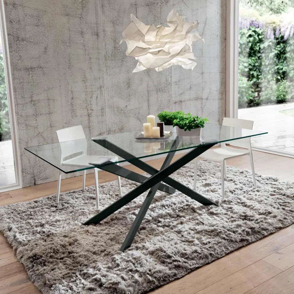 Luxury Tempered Glass and Metal Dining Table Made in Italy - Carlino Viadurini