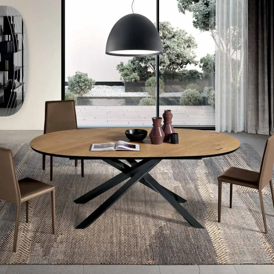 Oval Dining Table in Oak Veneer and Black Metal Base - Domo Viadurini