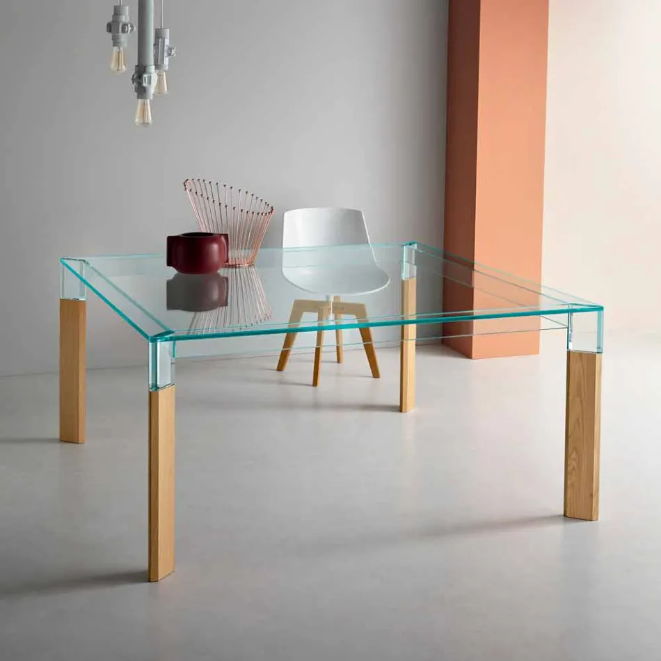Dining Table Glass Top and Solid Wood Base Made in Italy - Presino Viadurini
