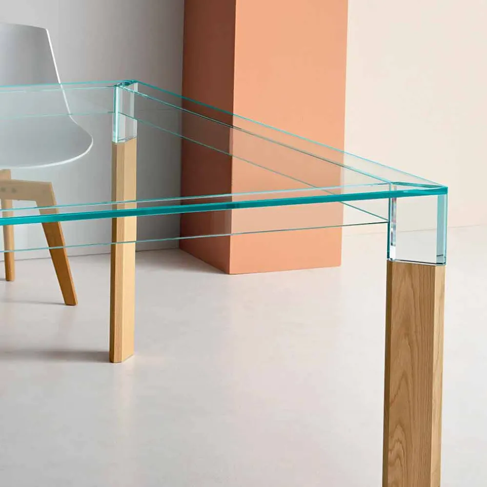 Dining Table Glass Top and Solid Wood Base Made in Italy - Presino Viadurini